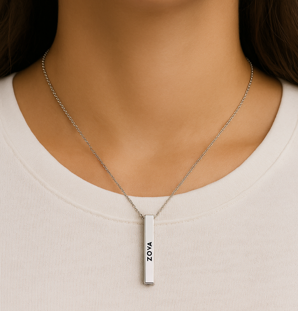 Personalized Name Bar Necklace – Custom Engraved “Zoya” Pendant for Women | Premium Stainless Steel Jewelry